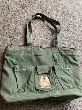 Green Canvas Tote Bag with Cat Applique